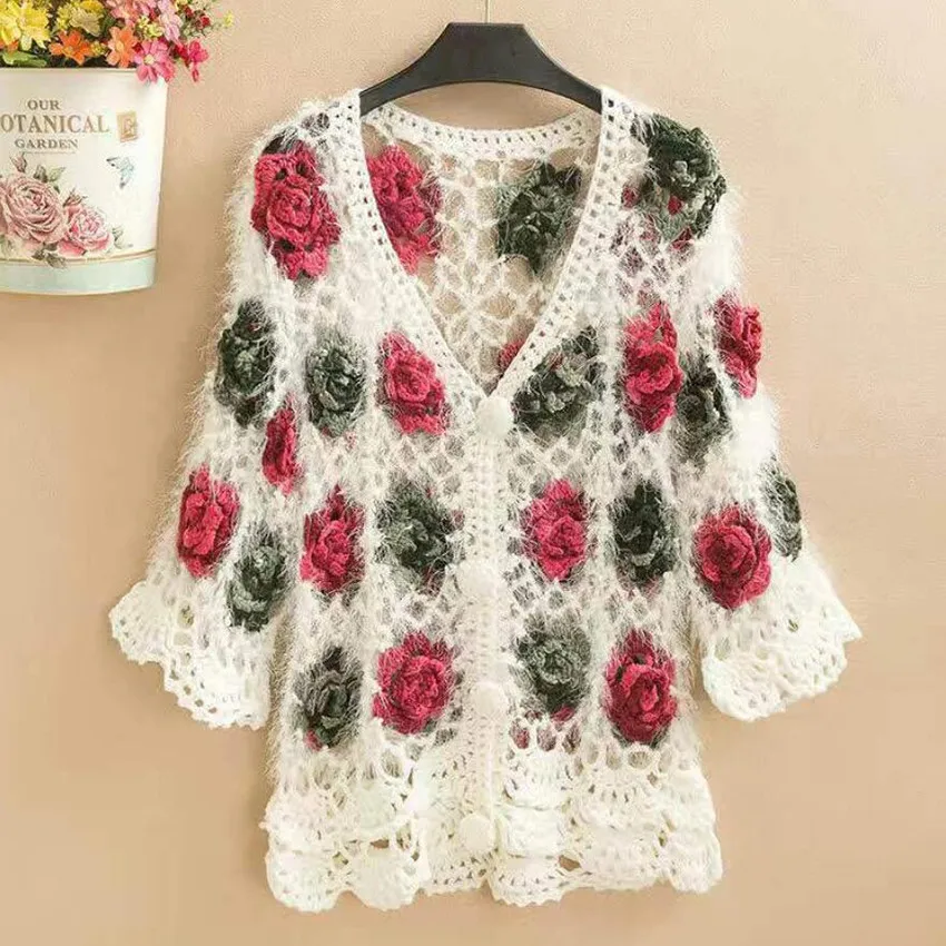 Designer Vintage Floral Embroidery Crochet Cardigan Women Short Sleeve Casual Loose Knitted Mohair Sweater Autumn Winter Jumper