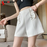 womens rhinestone white suit shorts korean style diamond embedded high waist a line slimming wide leg short pants summer 2022