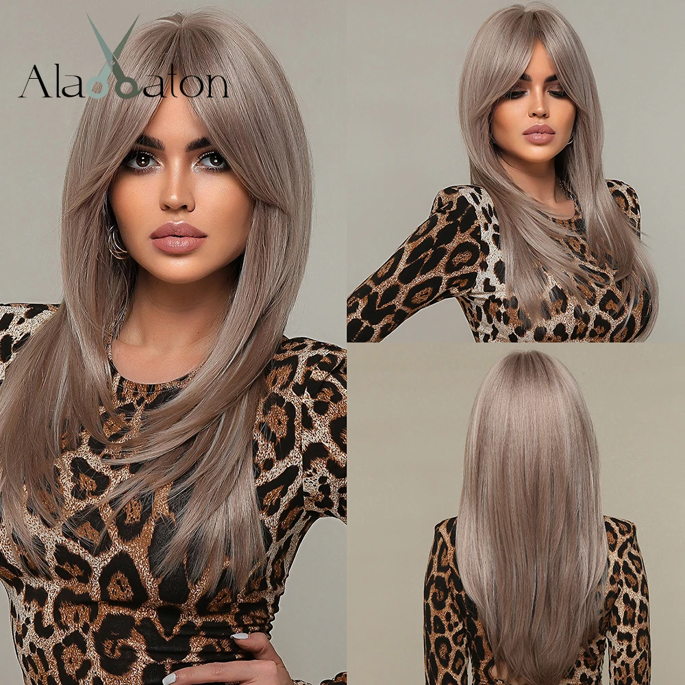 

ALAN EATON Long Straigt Ash Blonde Synthetic Wigs for White Women Layered Wig with Long Bangs Natural Daily Hair Heat Resistan