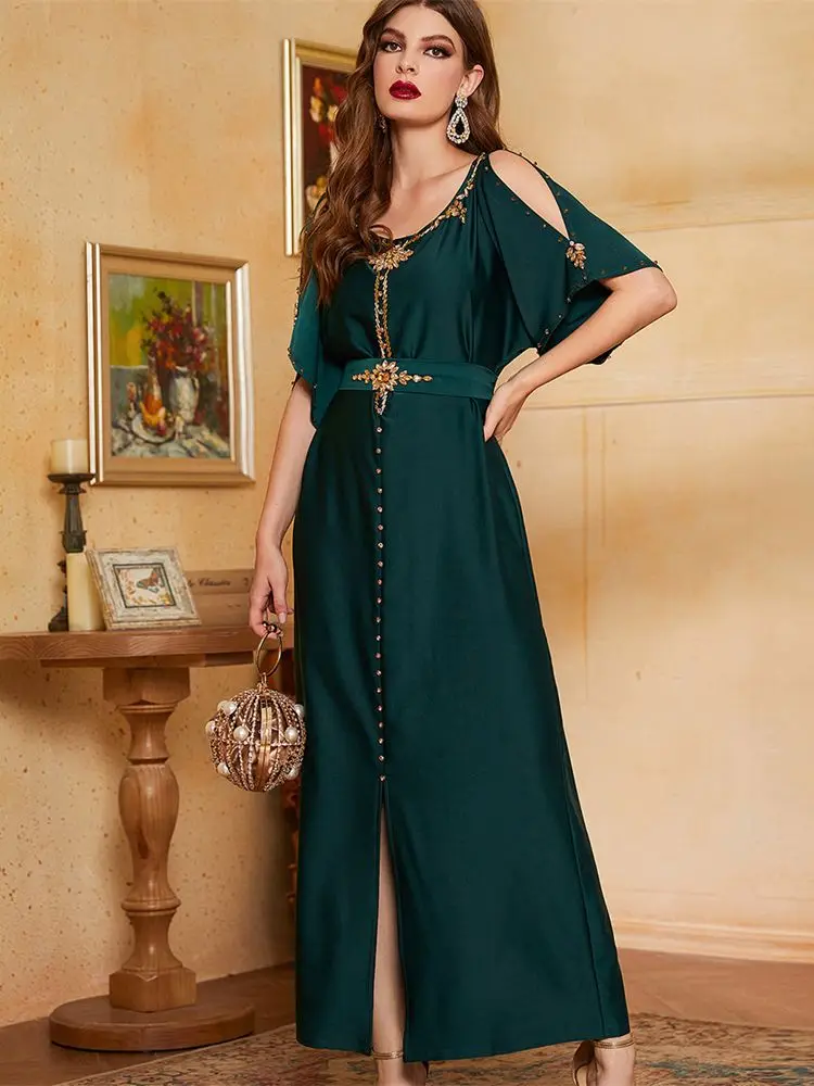 Kaftans For Women Green Abaya Satin Dubai Turkey Islam Muslim Hijab Modest Dress Djellaba Robe Femme Musulmane Caftan Vestidos