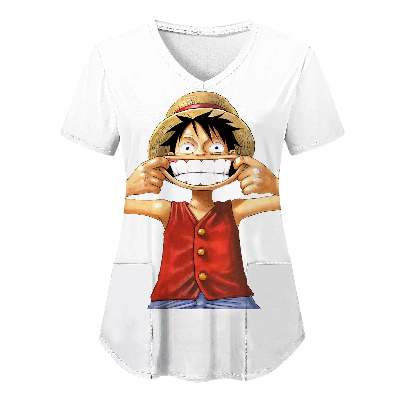 

V Neck Anime Tops for Women 2023 Pocket T Shirts One Piece Hospital Nurse Uniform Woman Clothes Zevity T-shirts Top Uniform Neck