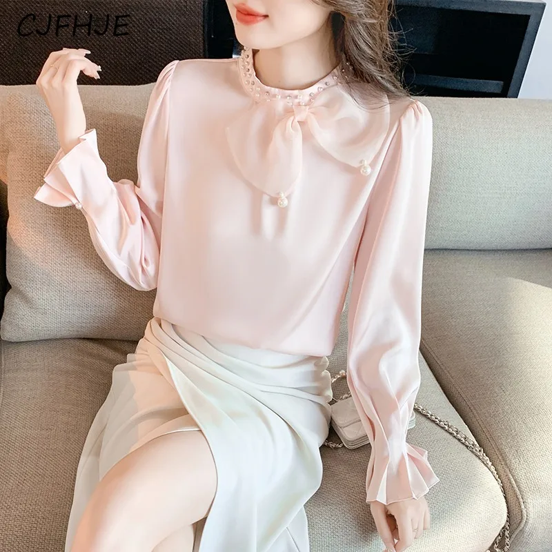 CJFHJE Женская однотонная шифоновая рубашка с вышивкой бисером и бантом на весну
