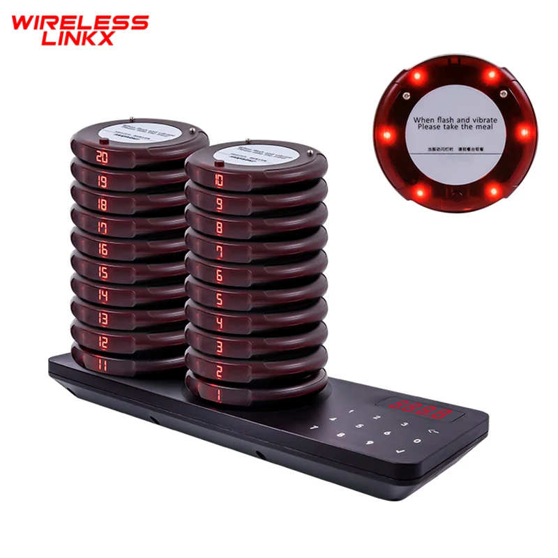 WirelessLinkx Restaurant Pager Calling Paging System 20 Coaster Buzzers Dual Charging Base For Cafe Church Clinic Food Court
