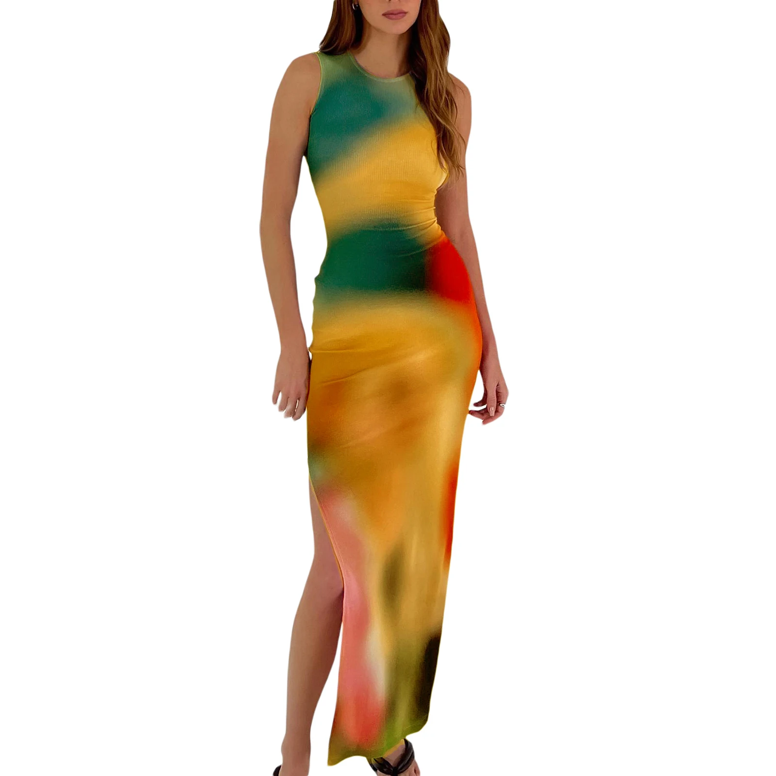 

Zejiaohao 2022 Women's Bodycon Dress Summer Streetwear Dress Sleeveless O Neck Tie Dye Print Side Split Long Dress For Women