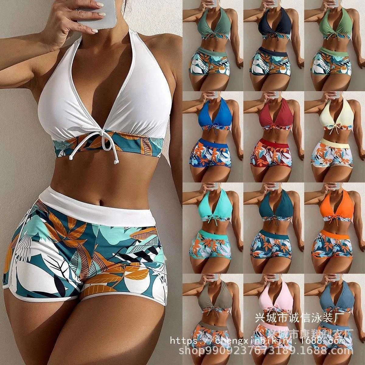 

2022 Swimsuit Female Split High Waist Boxer Lace Printing Solid Color Stitching Mesh Red Tong Swimsuit