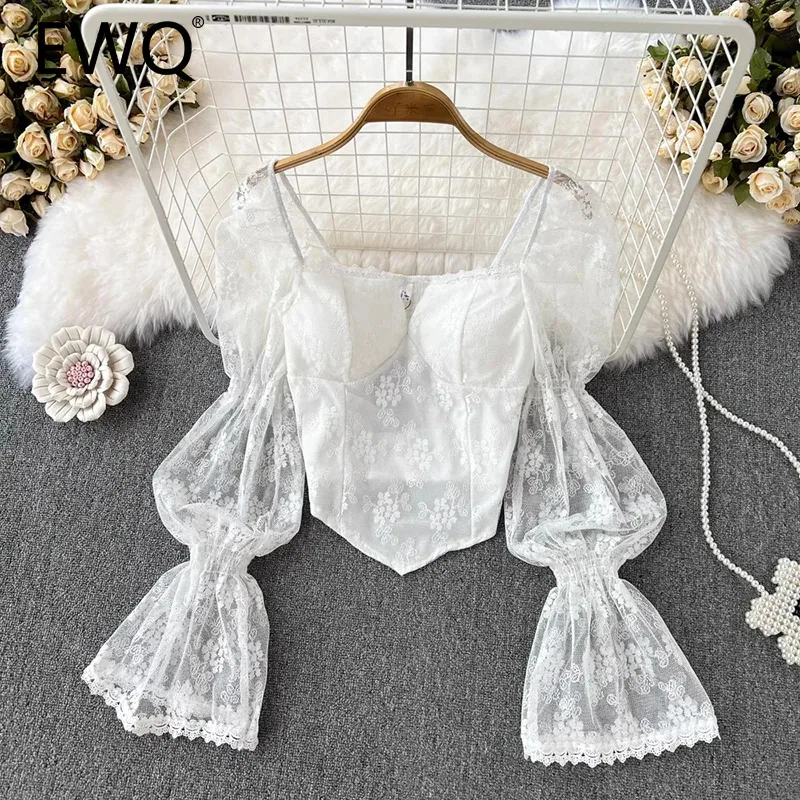 Женская кружевная блузка с длинным рукавом и квадратным вырезом