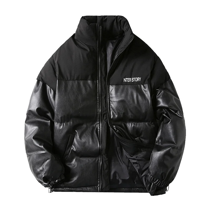 Winter Men'S Pu Leather Cotton Clothes New  Brand Fake Two Thick   Hooded Coat Fashion Comfortable  Warm Jacket Black Pink