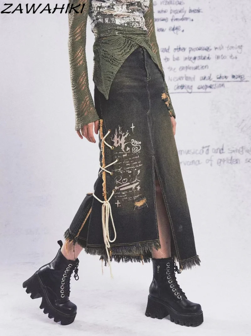 

Юбка женская джинсовая свободного покроя, винтажная уличная одежда в стиле гранж, с завышенной талией, с карманами, на шнуровке, Повседневна...