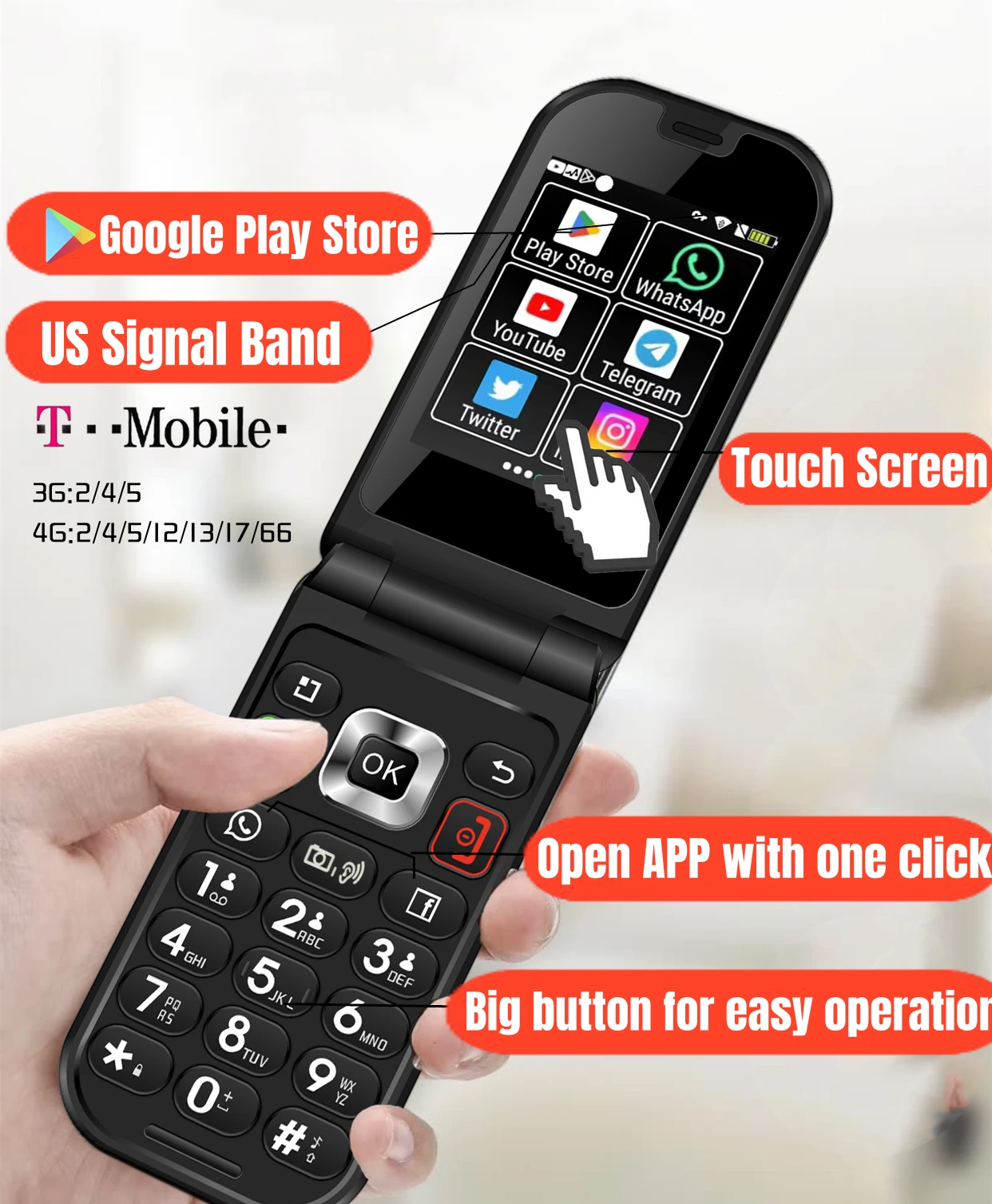 US Model 4G Android 8 MTK 6739 Touch Screen Filp Smart Phone Wifi 2.8 Inch 1GB + 8GB