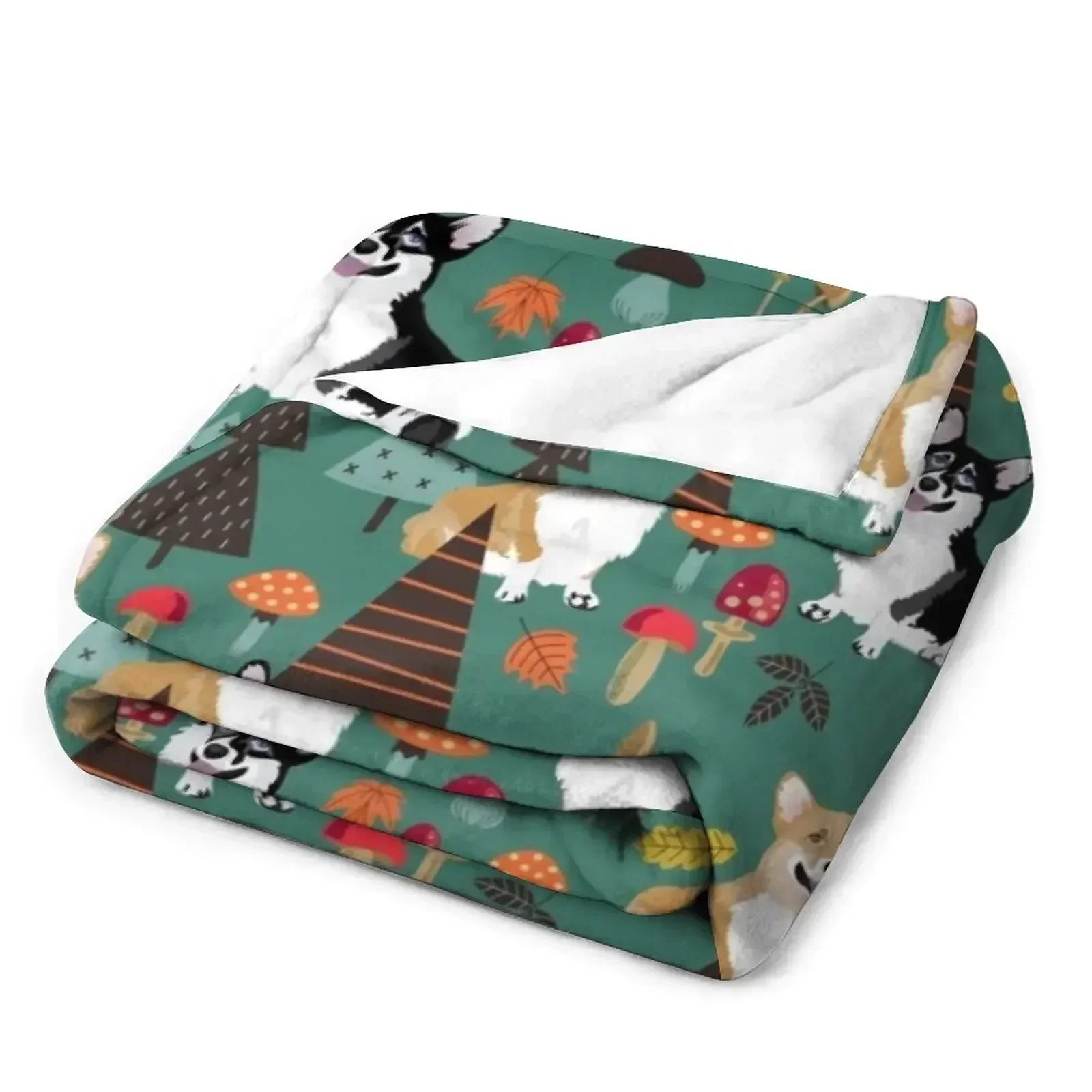 Корги в осеннем лесу — темно-бирюзовое одеяло винтажные одеяла Polar