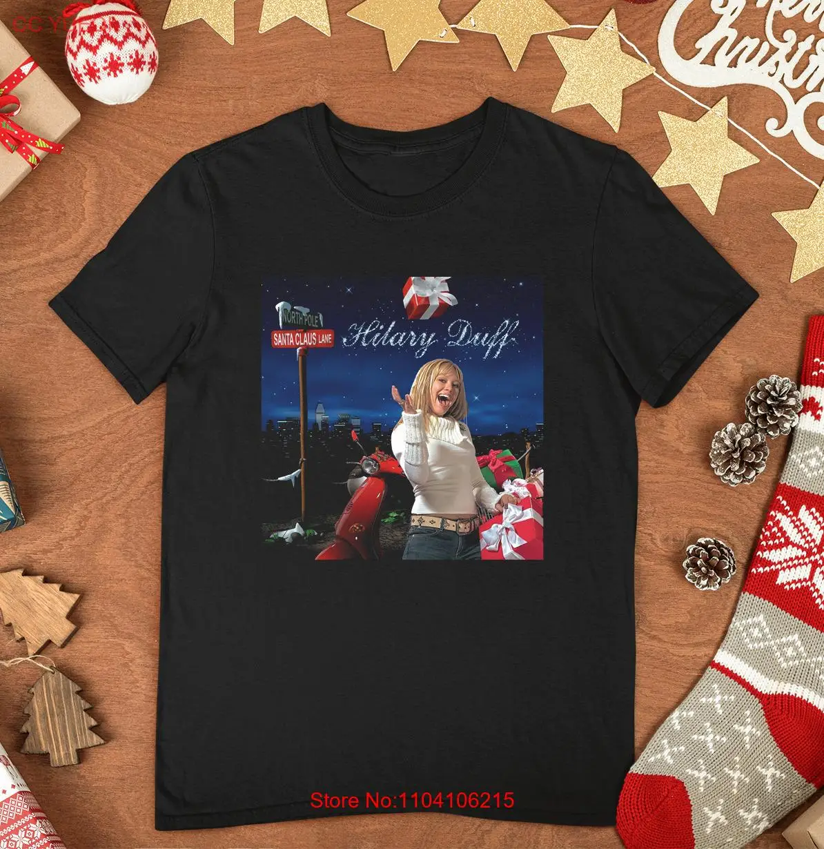 Merry Christmas Hilary Duff — черная подарочная рубашка всех размеров с Санта-Клаусом AM247