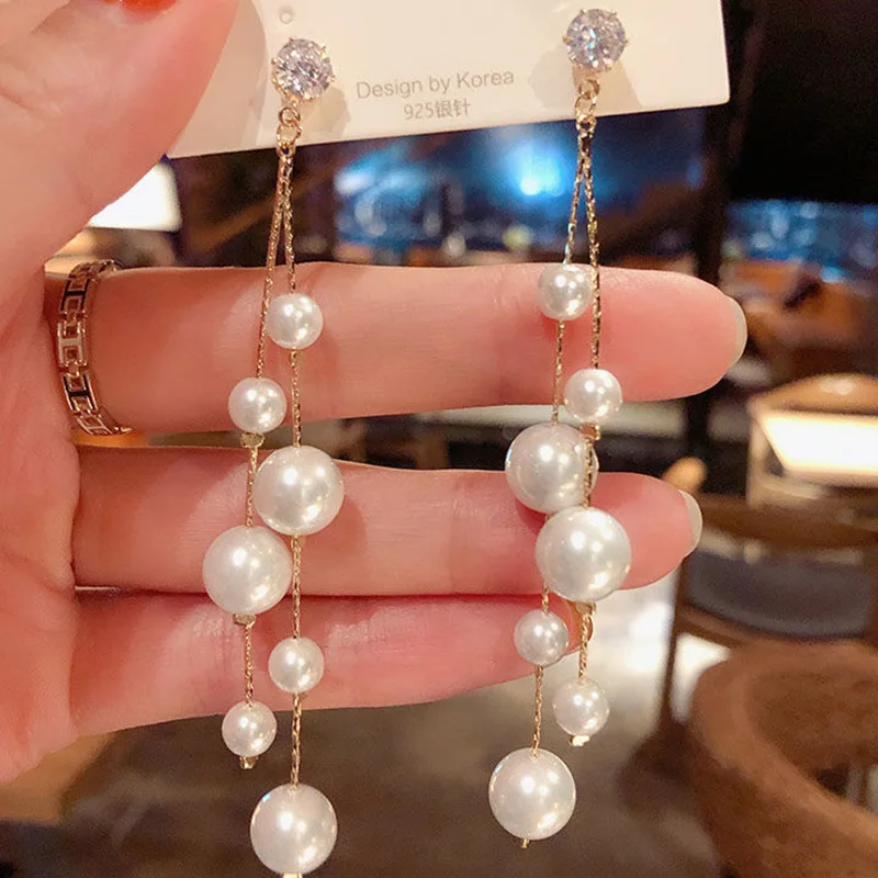 

Long Imitation Pearl Tassel Earrings Rhinestone Teardrop Dangling Fashion Jewelry Gift 2022 Summer New pendientes mujer сережки