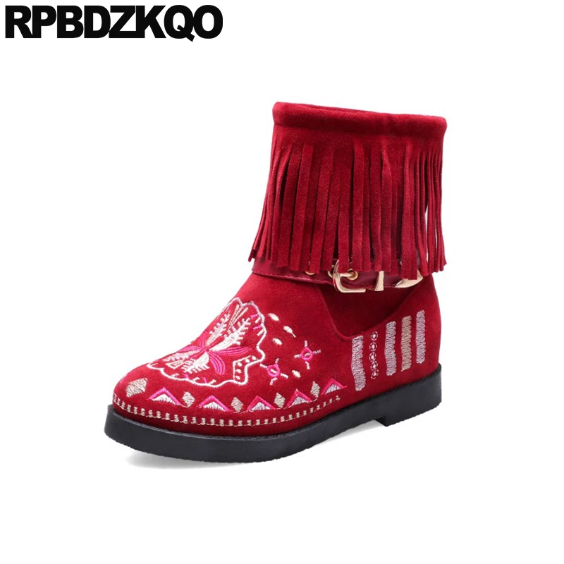 Плюс размер бахрома больших размеров ремни вышивка замша женские ботильоны 2021