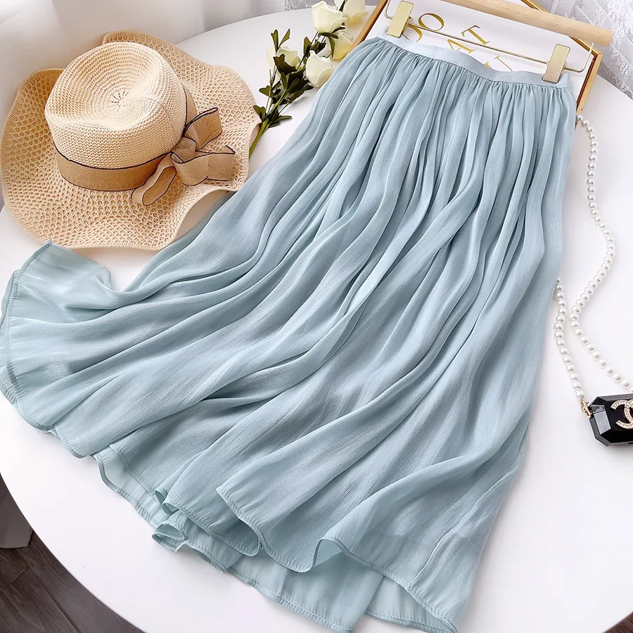 

Women Pleated Skirt Fashion Solid Elastic High Waist Midi A-line Skirt Summer Korean Loose Elegant Office Ladies Casual Skirts