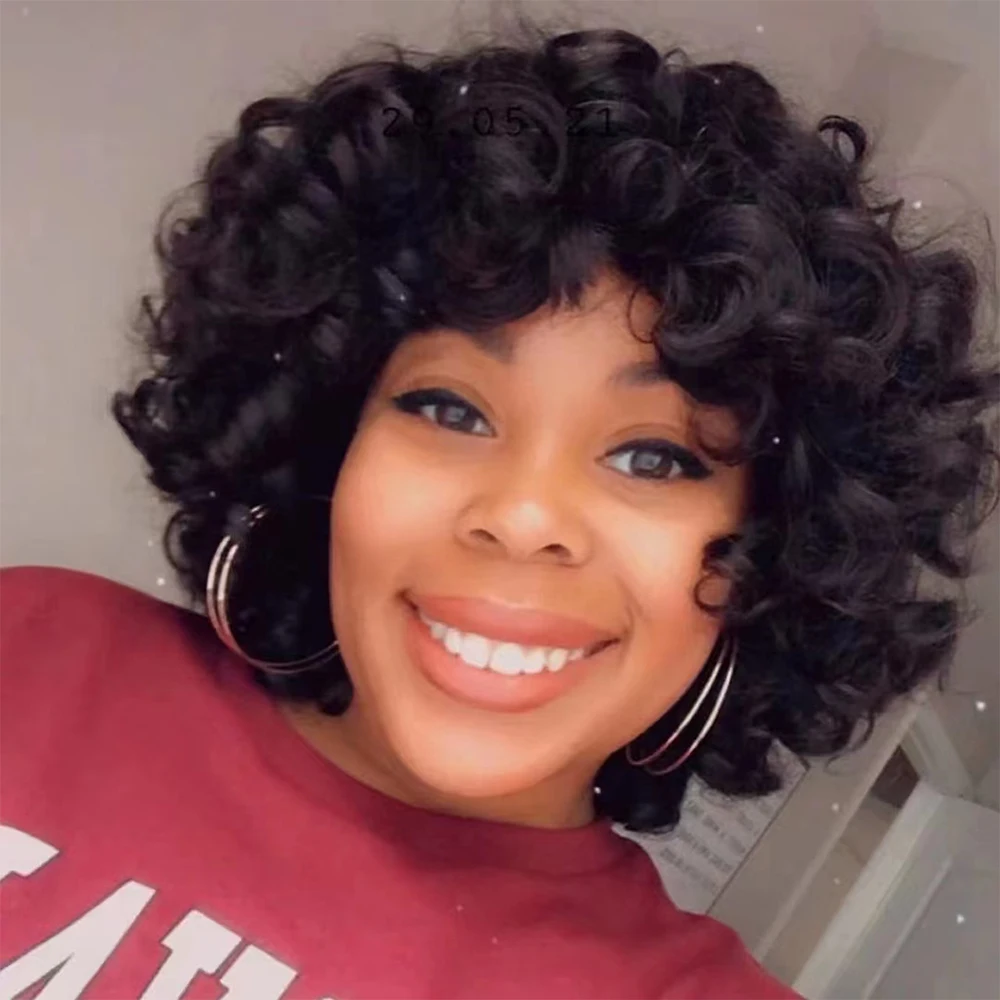 Rose Curly Human Hair Wig With Bangs Full Machine Made Deep Wave Short Bob Hair Wigs For Black Women Virgin Brazilian Pixie Cut