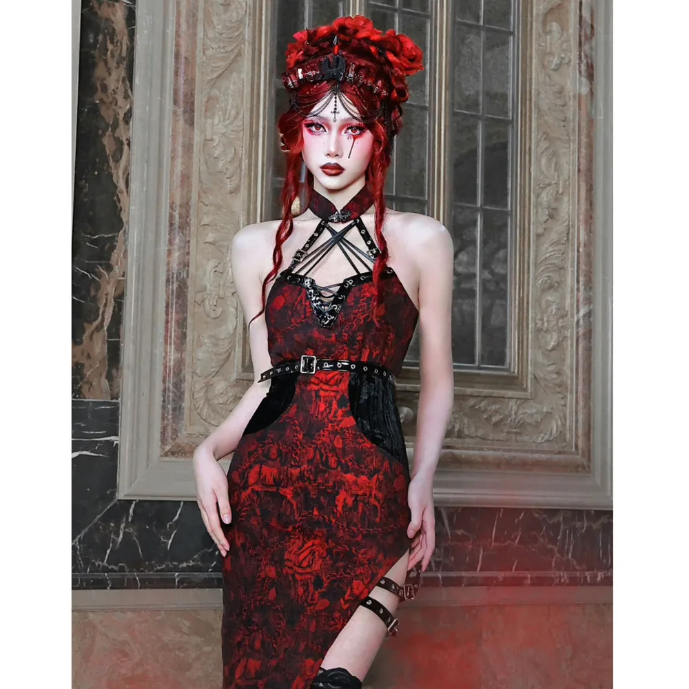 Original blood supply ◆ feast of hell Gothic jacquard PU Halloween slit modified cheongsam dress in autumn