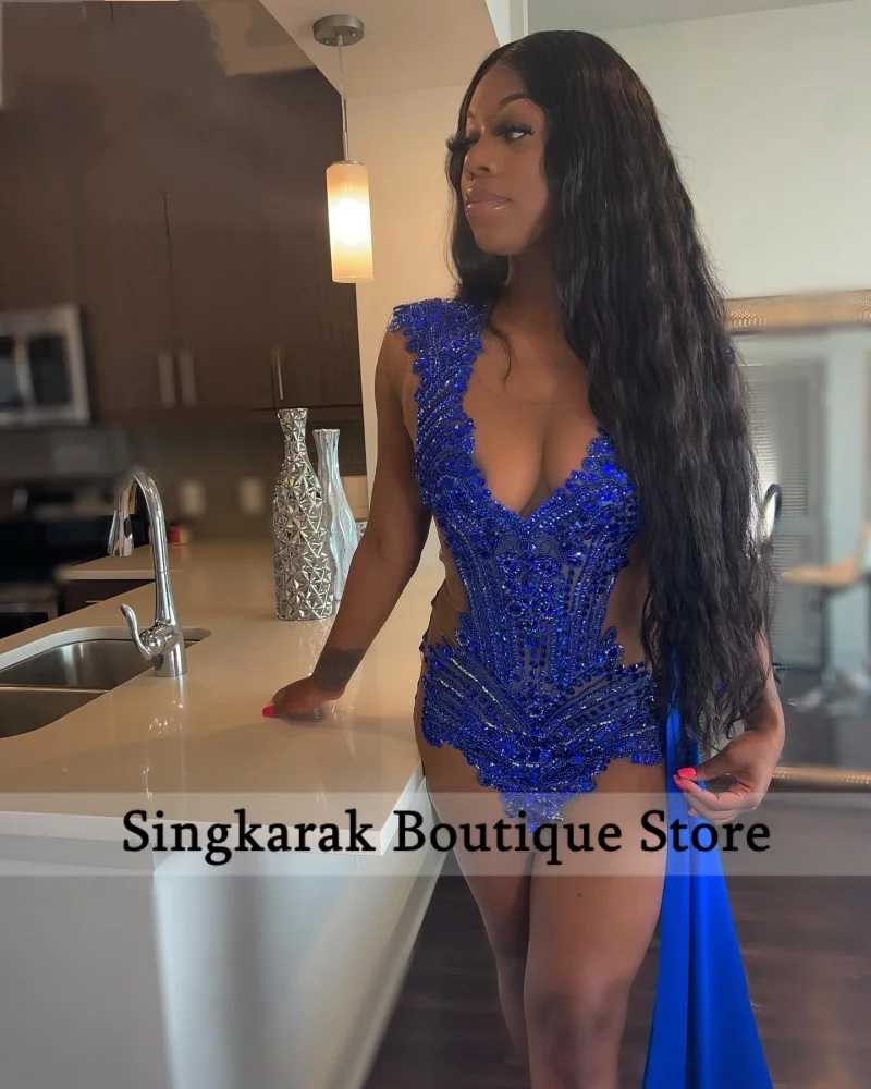 

Sparkly Royal Blue Diamonds Short Prom Dress 2023 For Black Girls Glitter Crystals Rhinestone Beads Birthday Cocktail Party Gown