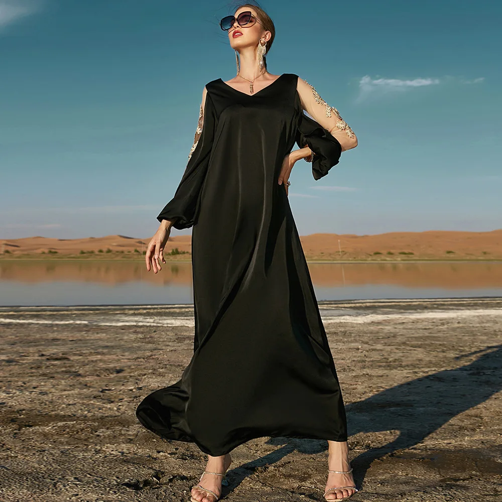 Ramadan Diamond Morocco Abaya Kaftan Muslim Dress Women Maxi Loose Satin Puff Sleeve Hollow Embroidery Dubai Arabic Party Caftan