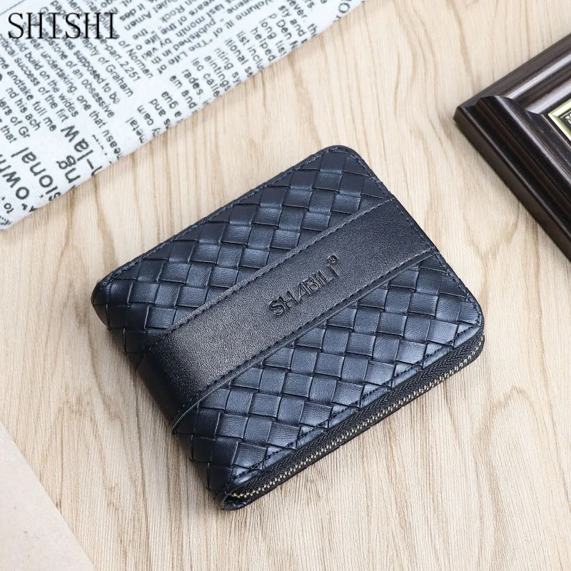 New PU LeatherTrend Men's Short Wallet Retro Woven Youth Men Horizontal Wallets Multi-card Slot Card Holder Coin Purse