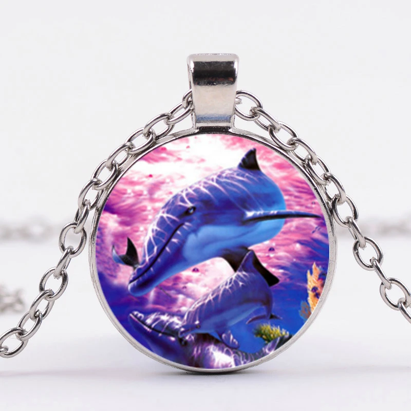 

The Underwater Elf Dolphin Necklace Cartoon Picture Glass Cabochon Children Long Chain Necklace Cute Ocean Animal Jewelry