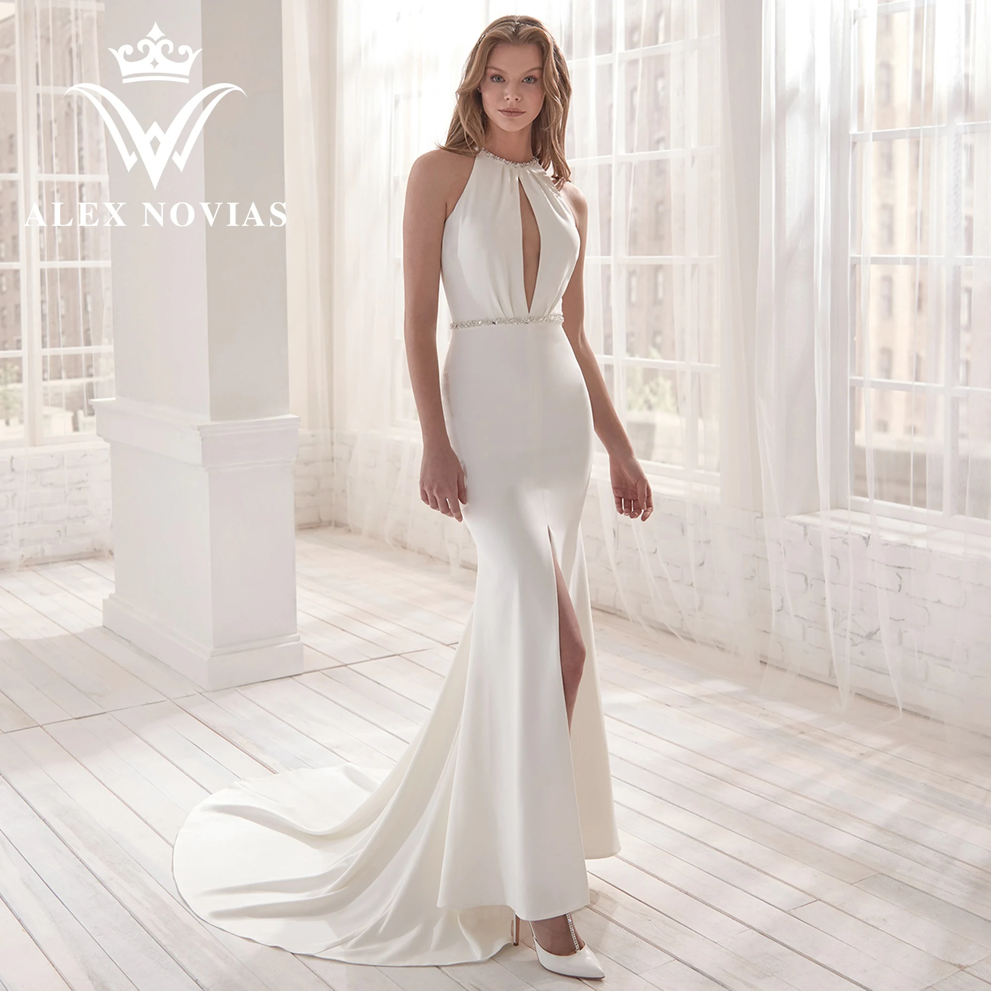 

ALEX NOVIAS Satin Mermaid Wedding Dress High Quality 2023 O-Neck CRYSTAL Cut-out Trumpet Wedding Gown Vestidos Novias De Saten