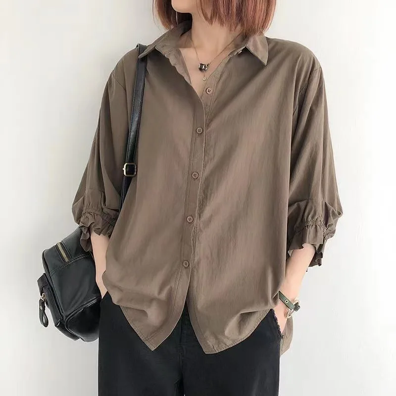 

2022 Summer Women's New Solid Color Shirt Korean Version Loose Fashion Casual Thin Solid Color Three-quarter Sleeve Shirt Top