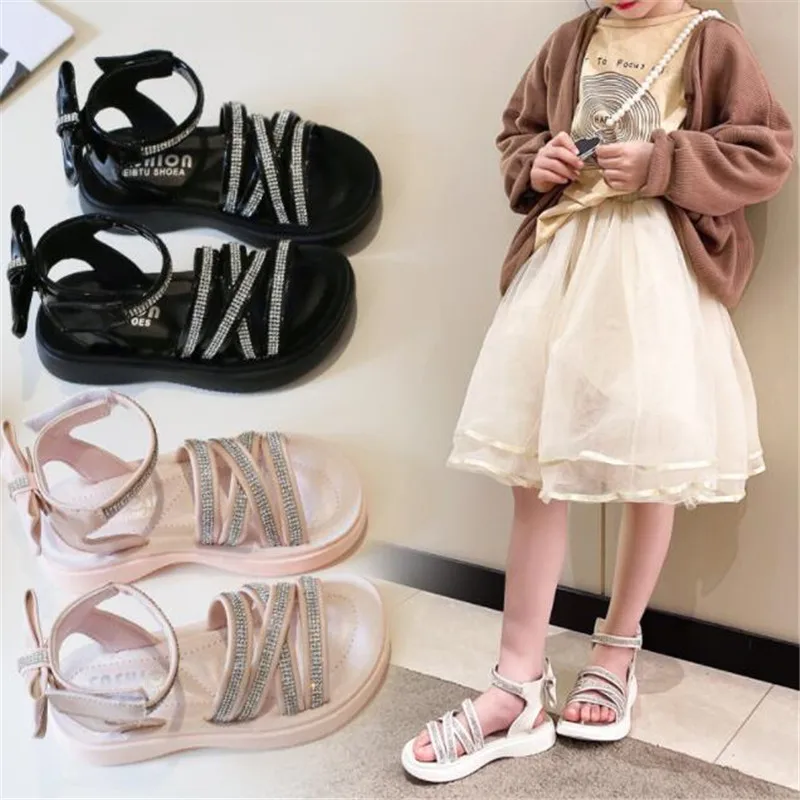 2022 Summer New Kids Sandals Girls Princess Rhinestone bowtie Sandals Soft Children Beach Shoes Fashion Roman Sandals Size 26-36