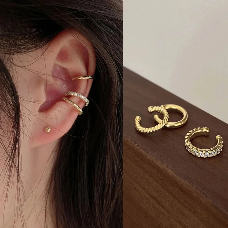 

3Pcs Fake Piercing Round Huggie Ear Cuff Gold Plated Earrings for Women Men Cubic Zirconia Sparkling Clip On Cartilage Earring