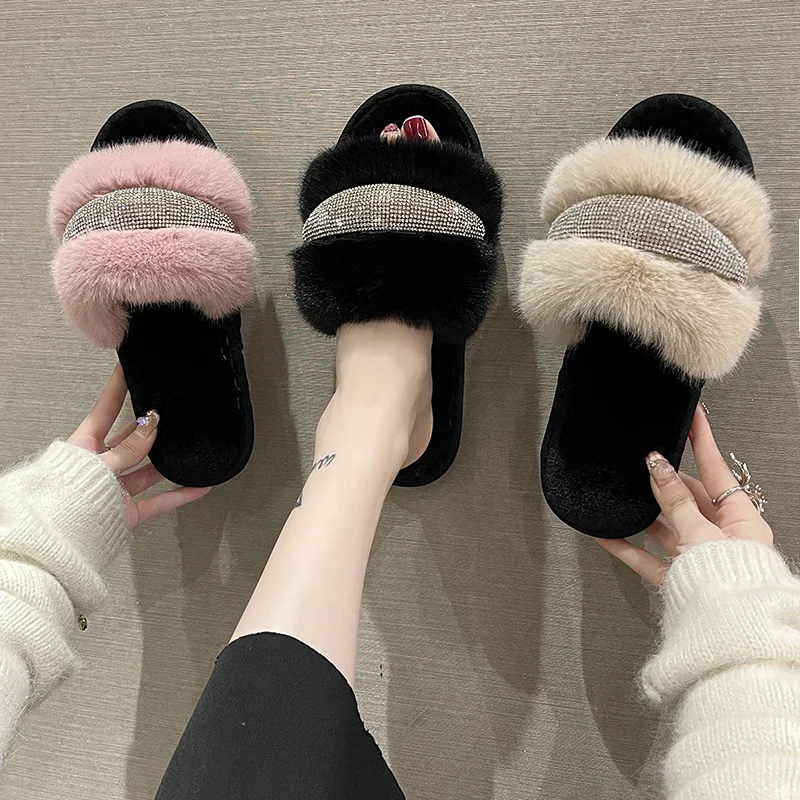 

New Hairy Crystal Encrusted Diamond Flat Bottom Slippers Female Fashion High Low Hair A Word Opening Cotton Slippers