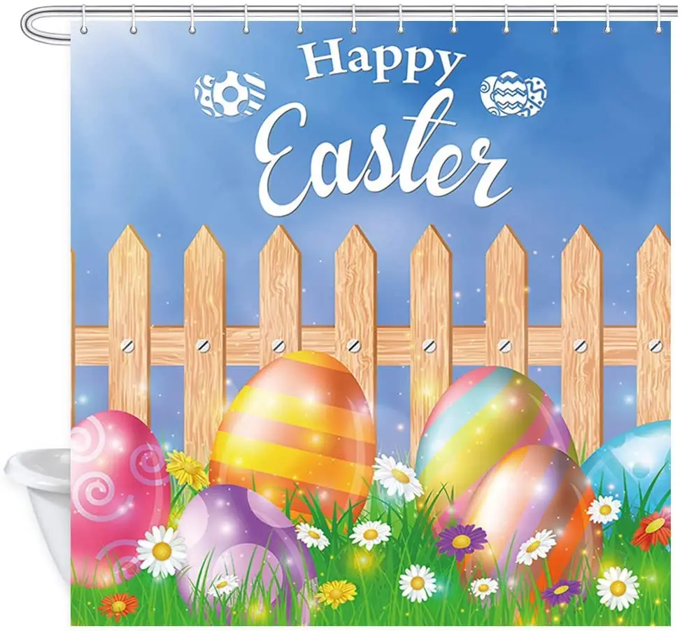 

Занавеска для душа на Пасху с изображением яиц травы полевых цветов деревянного забора из полиэстера занавеска для ванной с крючками