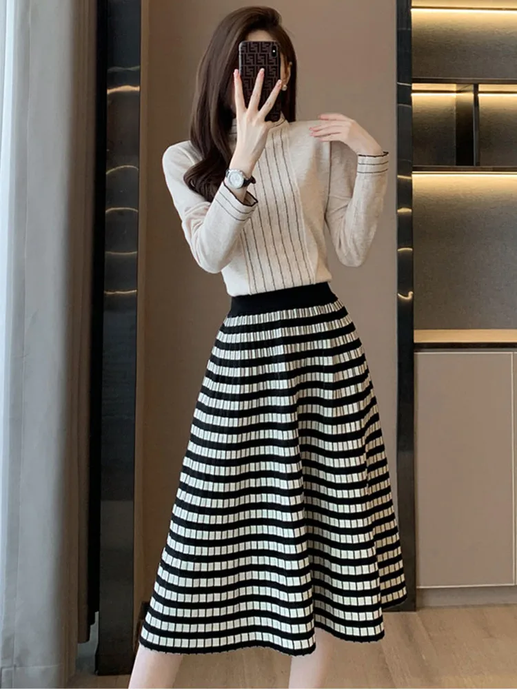 

High Quality Warm Cashmere Blend Sweater Women 2 Piece Sets Elegant Half Turtleneck Knitted Pullover Top Plaid Long Skirt Suits
