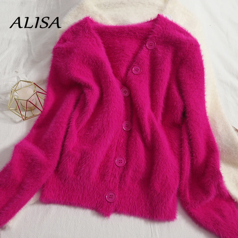

Mohair Sweater Cardigan Spring Auutmn V Neck Single-breasted Knitted Sweater Woman Casual Solid Button Up Jumper Tops