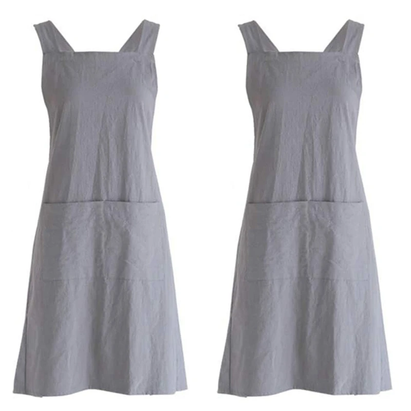 

2X Linen Cross Back Cooking Apron Suitable For Ladies And Men With Pockets Cute Suitable For Baking Kitchen