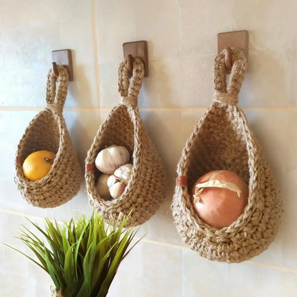 

Wall Hanging Vegetable Fruit Basket Wall Mount Basket Decorative Braid Fabric Bohemian Style Vegetable Basket Household Supplies