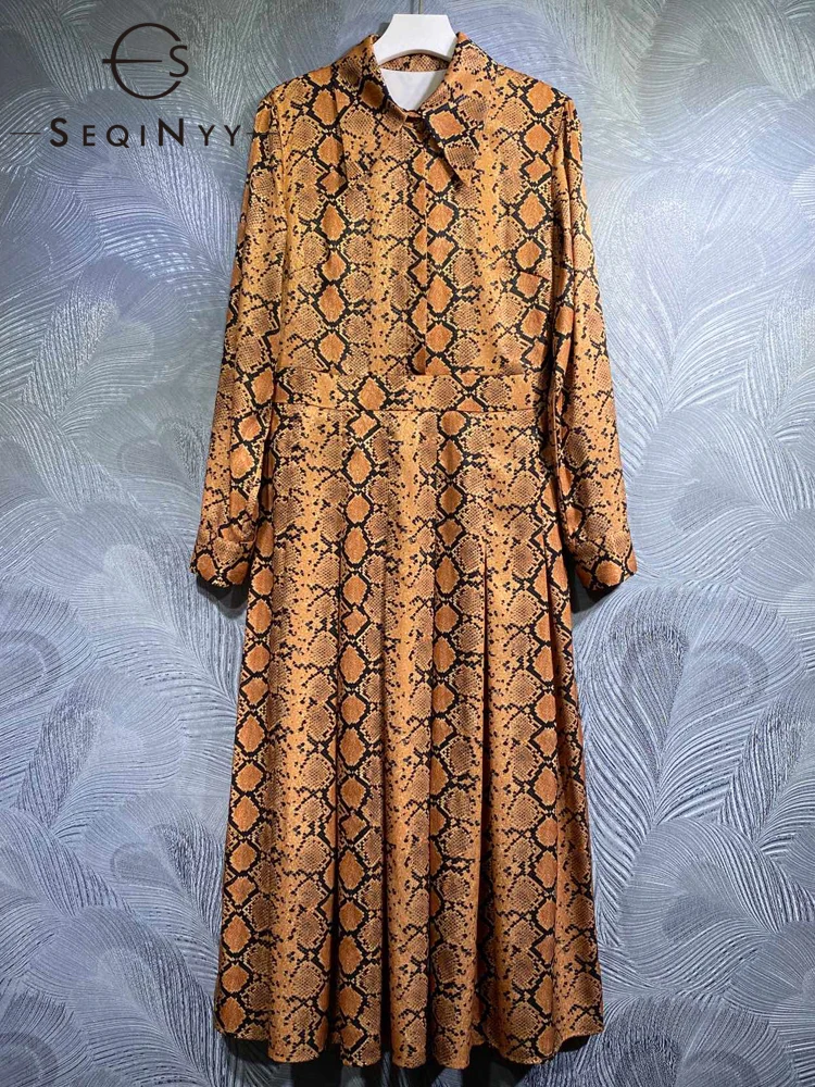 SEQINYY Midi Shirt Dress Summer Spring New Fashion Design Women Runway High Street Khaki Vintage Print Casual A-Line