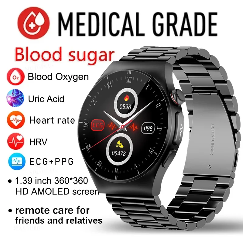 

2023 Blood Glucose Smart Watch Men ECG+PPG Heart Rate Uric Acid Health Watch IP68 Waterproof Sport Smartwatch For Huawei Xiaomi