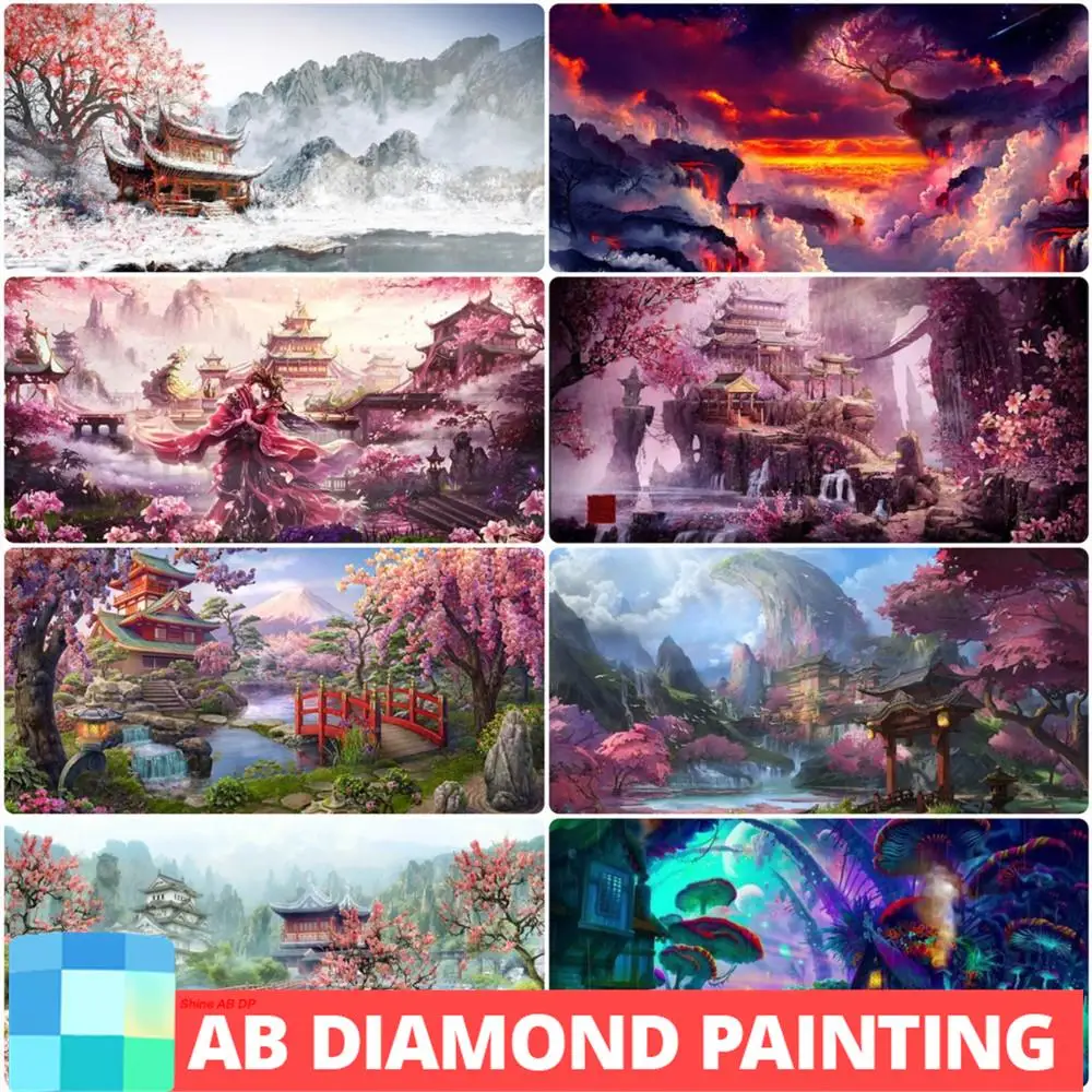 

Japanese Temple Cross Stitch Analyst DIY AB Diamond Painting Cherry Blossom Mount Fuji Mosaic Landscape Embroidery Home Decor