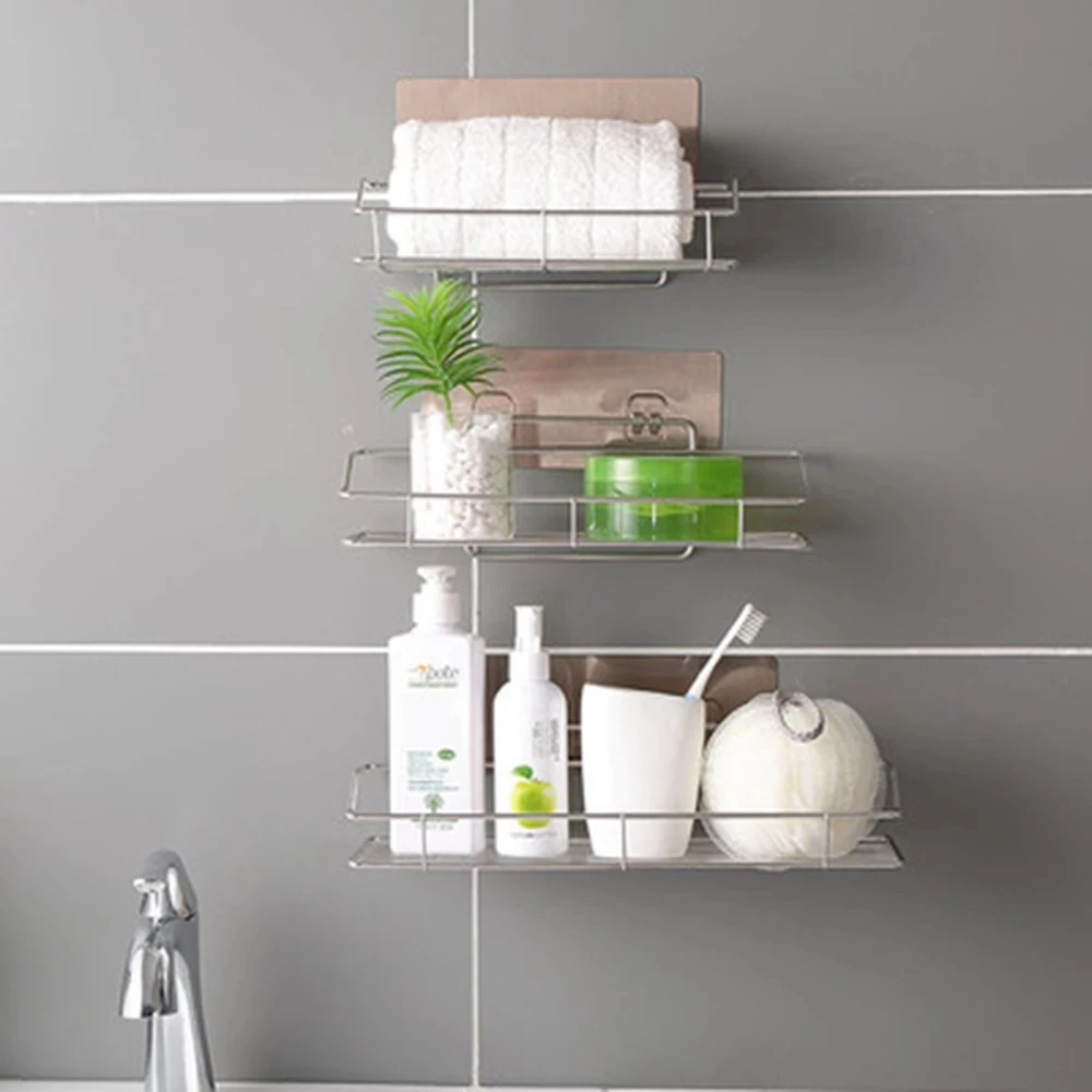 

Shelves Showers Bathroom Shelf Metal Storage Rack Stainless Steel Punch-Free Firm Kitchen Fitted Wall Storage Organizer Rack