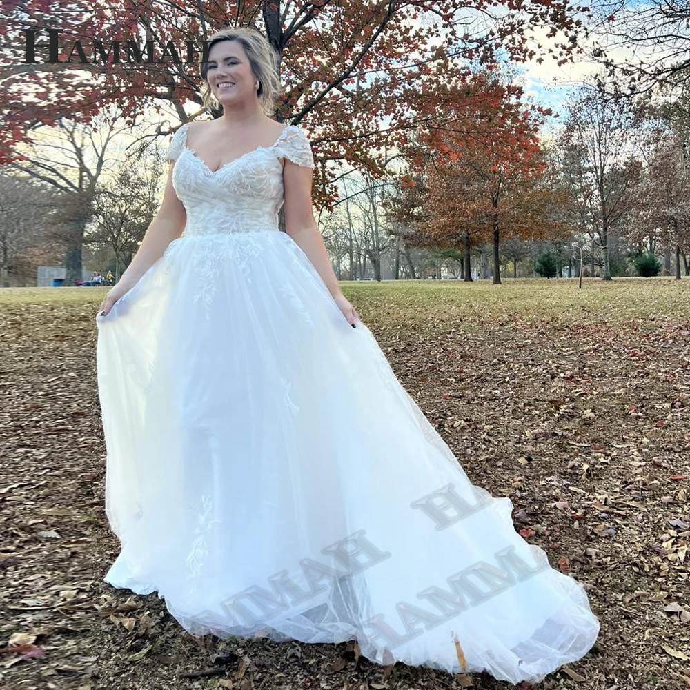 

Хамма V-образный вырез свадебное платье для невесты складки с открытыми плечами Тюль трапециевидная аппликация на молнии Свадебные платья на заказ