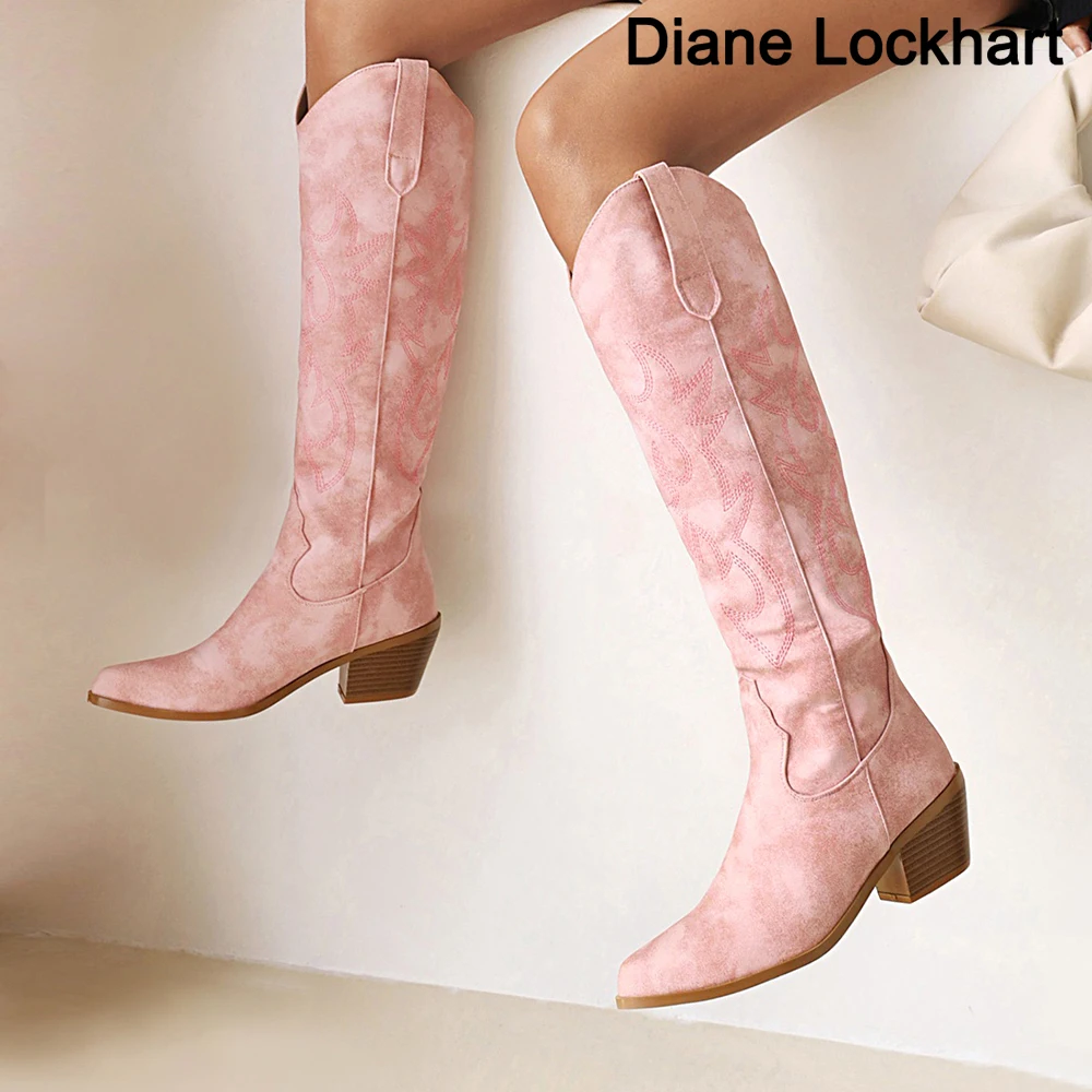 

Microfiber Leather Western Cowboy Boots Women Knee High Brand Pointed Toe Sewing Shoes Novelty Autumn Winter Female Long Boots