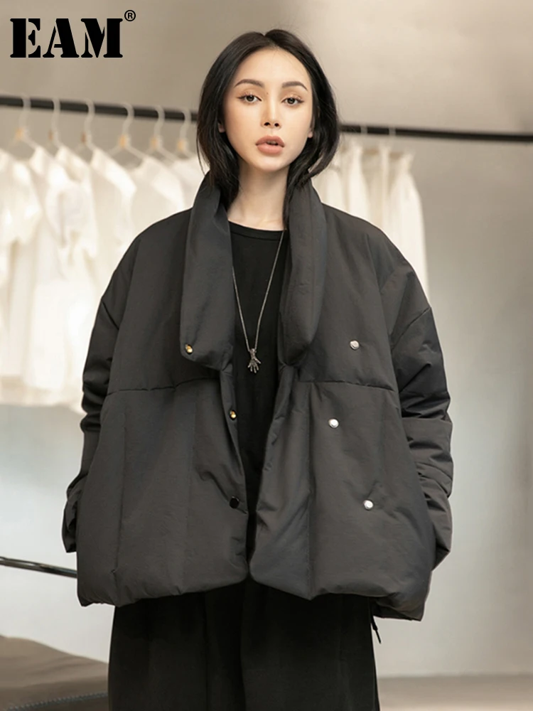 [EAM] Loose Fit Black Warm Short Down Jacket New Stand Collar Long Sleeve Warm Women Parkas Fashion Autumn Winter 2022 1DD1642