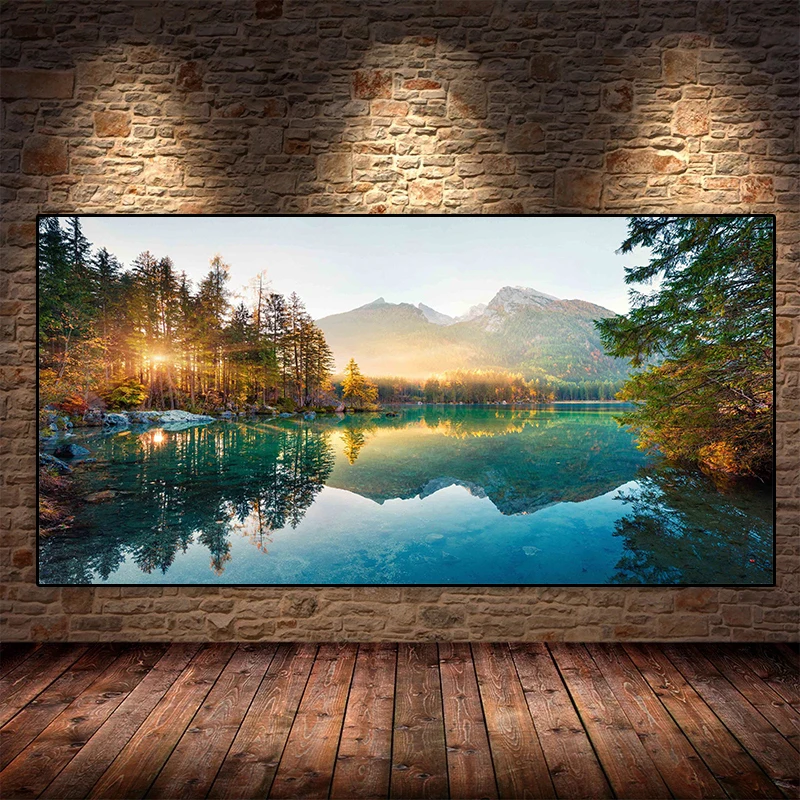 

Modern Sunshine Forest Lake Posters Nature Landscape Alps Mountain Canvas Painting Prints Wall Pictures Bedroom Home Decor