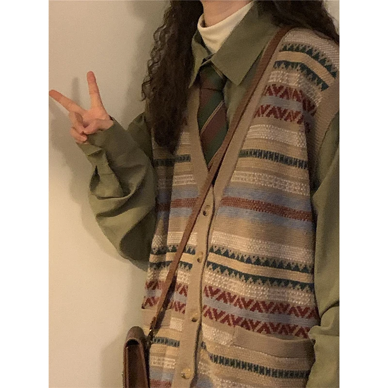 Женский винтажный свитер в полоску жилет стиле Харадзюку вязаный кардиган