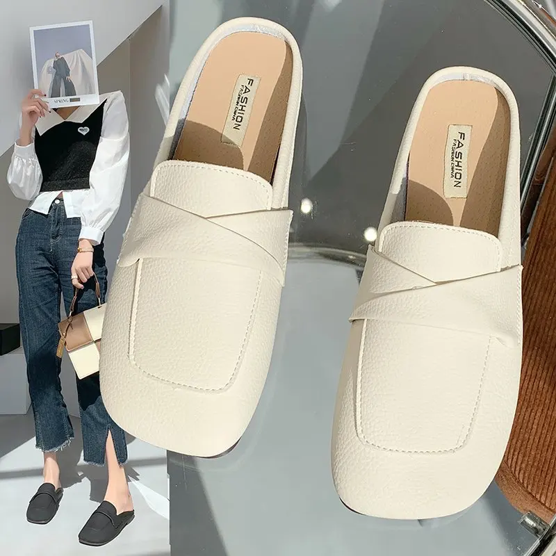 

Baotou Half Slippers Women Wear 2022 New Horsebit Fashion Soft Leather Sandals Heelless Flat Mules Slip-on Shoes