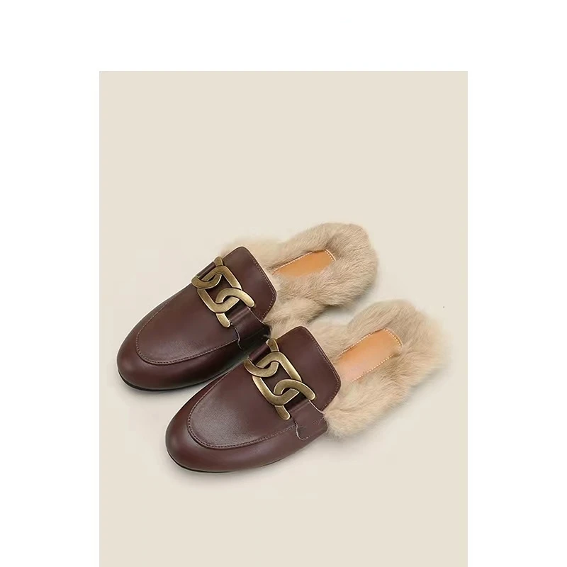 Slippers for Women In Spring and Autumn, New Leather Wrapped Lefu Half Slippers for Wearing on Muller Loafers