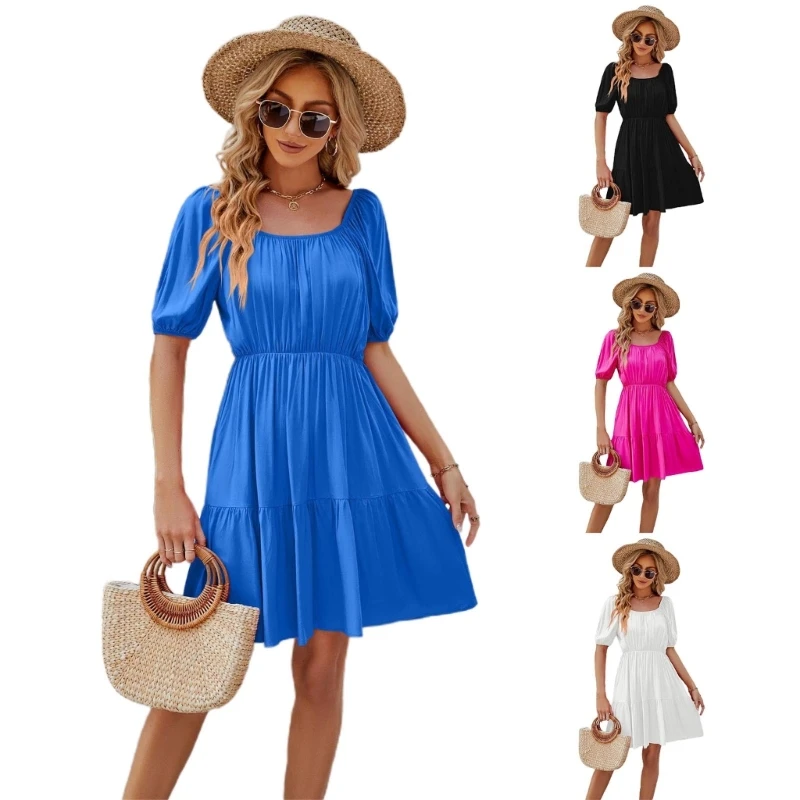 Womens Solid Color A-line Dress Summer Square Neck Short Sleeve Mini Dresses