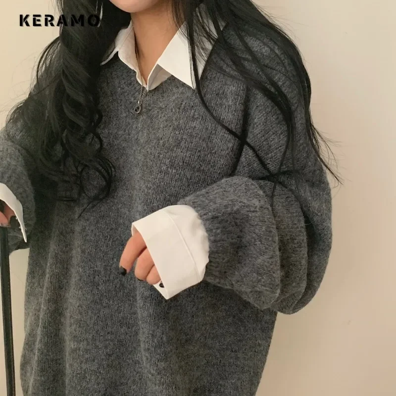 Женский винтажный вязаный пуловер с длинным рукавом повседневный Однотонный