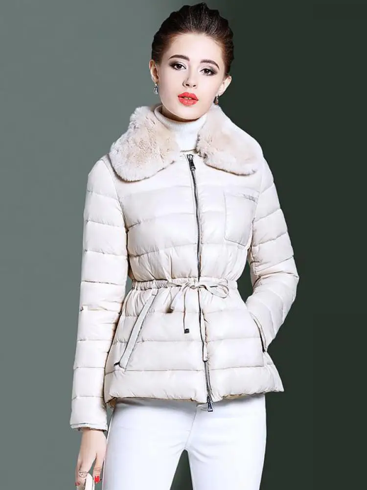 

Winter 90% White Duck Down Jacket Women Real Rex Rabbit Fur Collar Short Coat Female Slim Down Jackets Waterproof Snow Outwear
