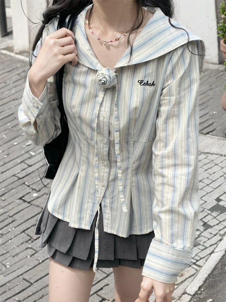 Zoki полосатые рубашки с матросским воротником женские корейские тонкие блузки