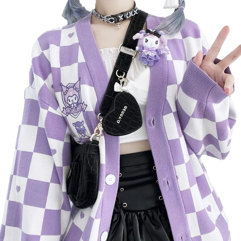 

Kawaii Sanrioed Kuromi Cinnamoroll Purin Jk шахматный вязаный свитер мультфильм My Melody свитер куртка Женский Свободный Топ пальто